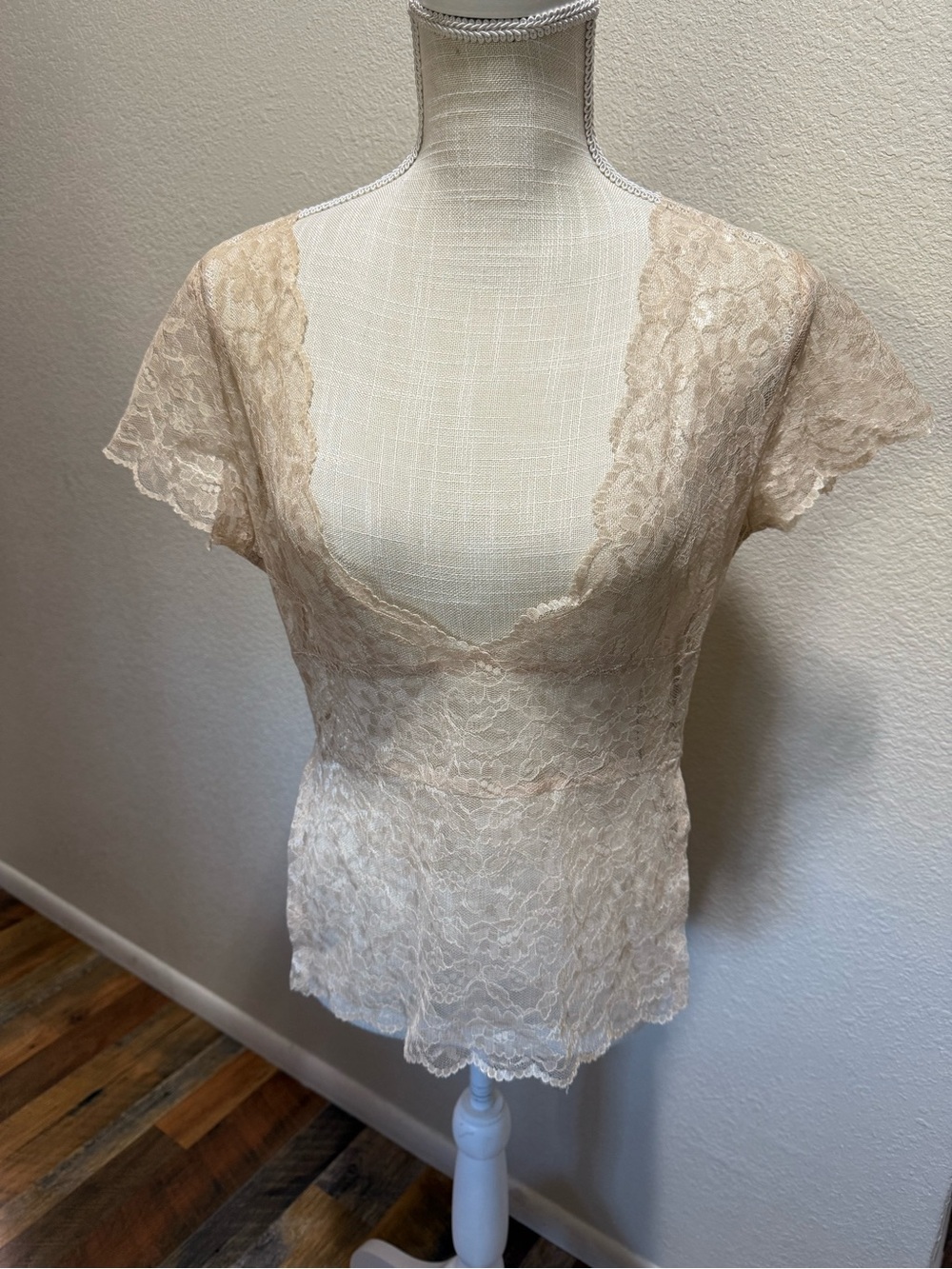LUX - Lace Cap Sleeve Chemise Top in Light Beige - Size Medium